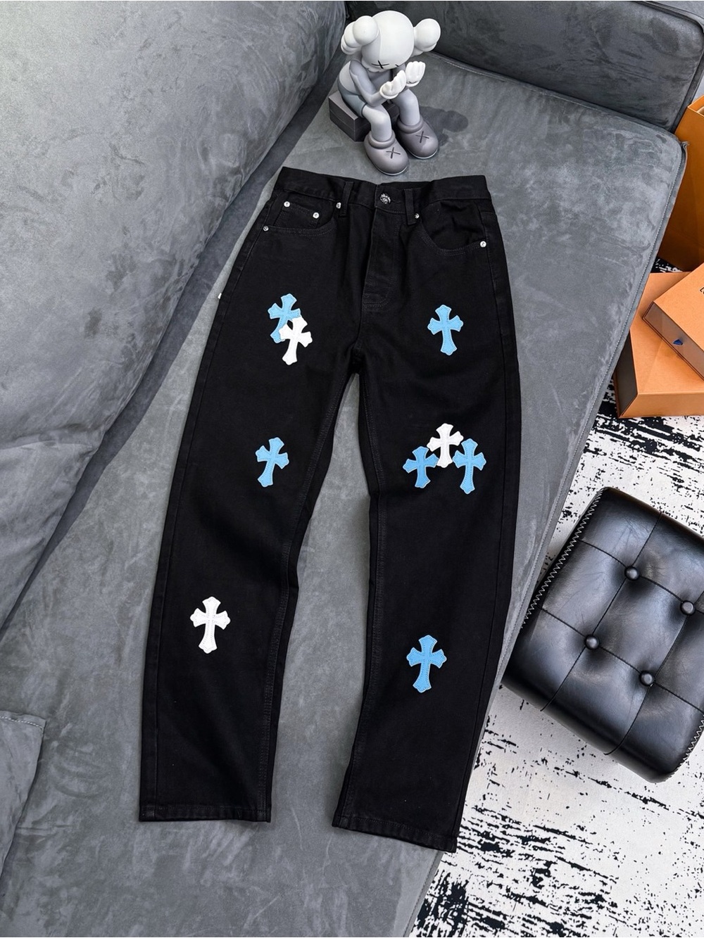 Black Men's Jeans with Blue & White Cross Appliqués